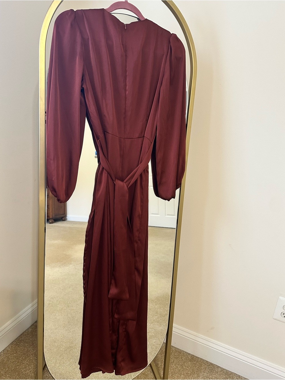 Long Burgundy Satin Dress with Puff Sleeves - Picture 7 of 9